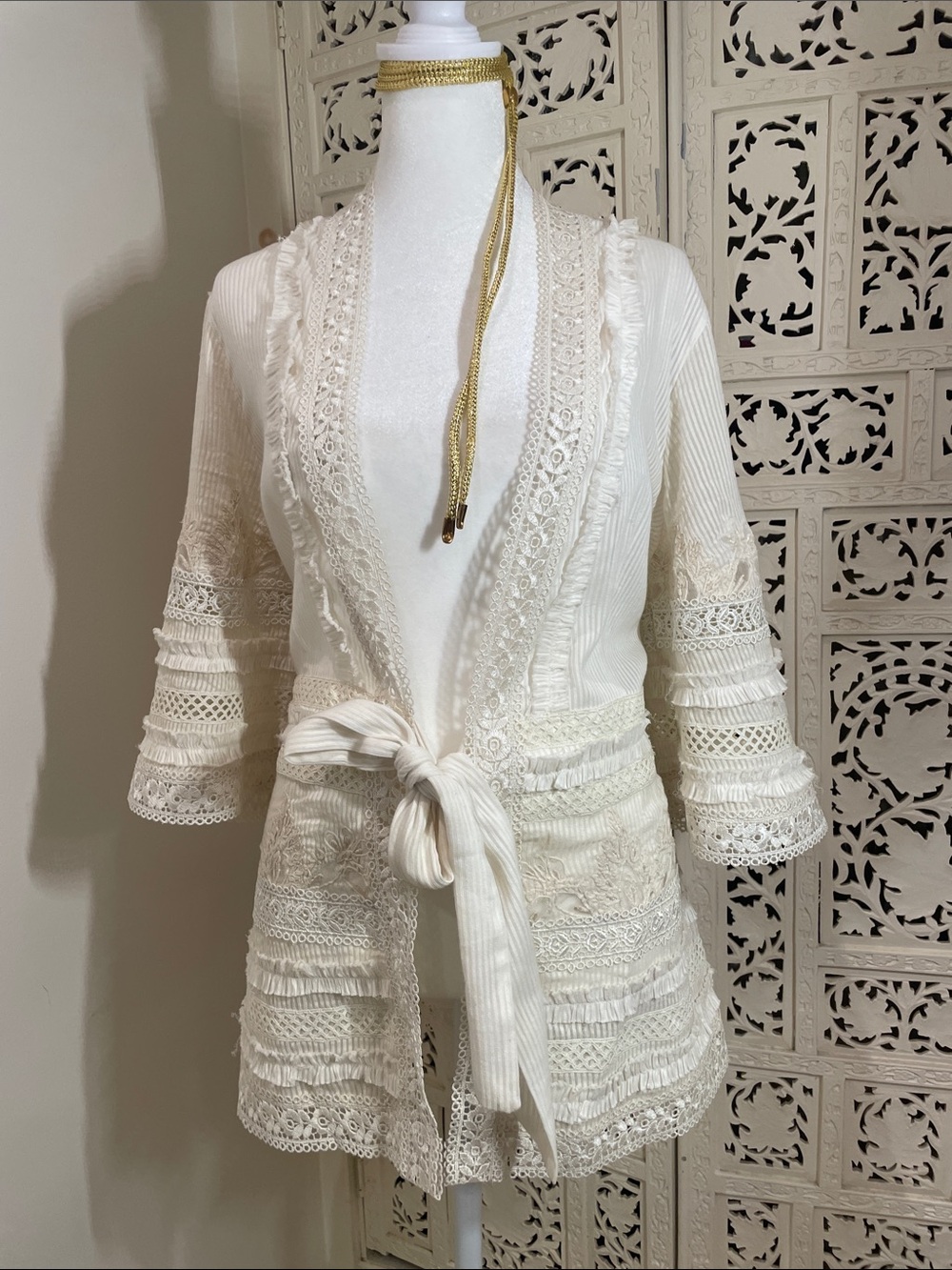 Vintage yacht club light weight women’s Cream Lace-Trim Tie-Waist Jacket
